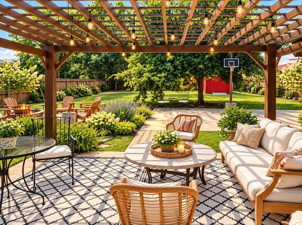 A covered outdoor patio with seating, a basketball hoop, and a garden area. - Walk to AT&T Stadium Free Parking Backyard (Arlington)