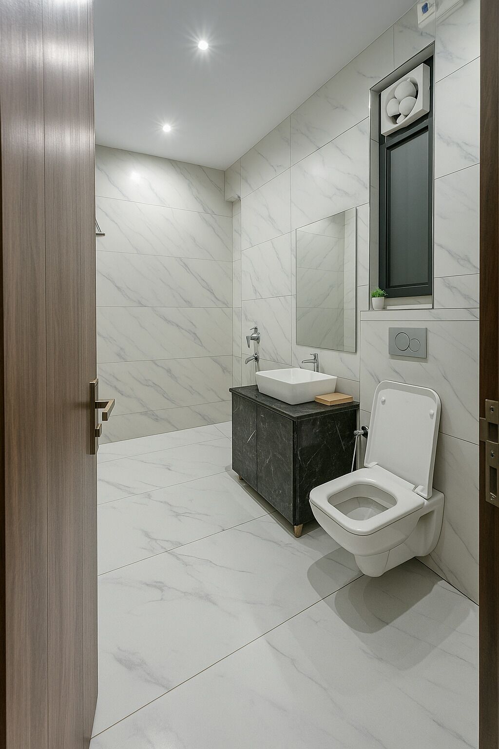 A modern bathroom with a marble floor, a black cabinet, a white toilet, and a wall-mounted mirror.