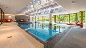 A modern indoor swimming pool with clear glass ceiling, red lounge chairs, and large windows offering a view of greenery. - Mont blanc view with private sauna, Argentière (Chamonix), France (Argentière (Chamonix))