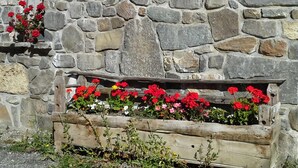 A stone wall with a wooden planter box containing red flowers. - Studio cabin Valloire 4 pers South - Pets allowed, Wifi (Valloire)