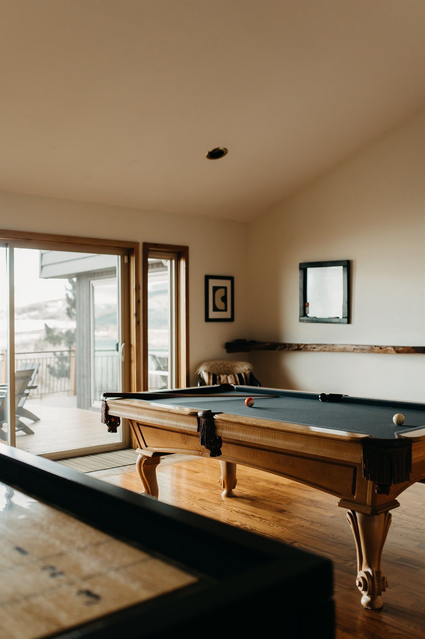 A pool table in a room with a wooden floor, a door leading outside, and a framed picture on the wall.