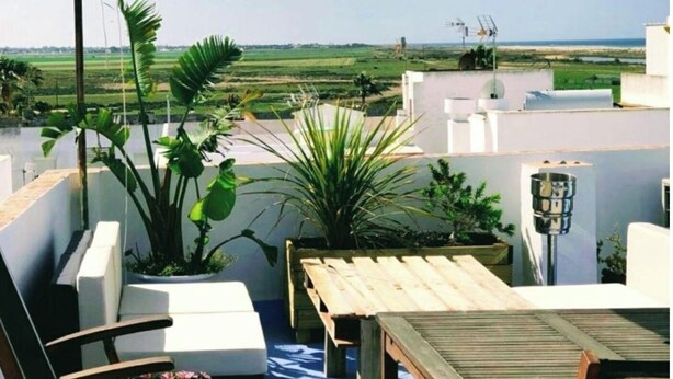 Une terrasse sur le toit, avec une table et des chaises, des plantes en pot et une vue sur la campagne.