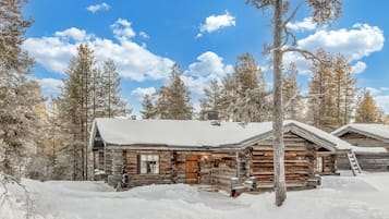 A log cabin with a snow-covered roof, surrounded by tall pine trees.