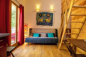 Living area - BoisCailloux, Ardèche Gorges, Chalet Zaza, access to the common pool under greenhouse (saint remèze)