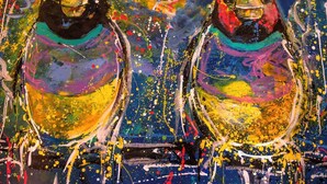 A painting of two abstract figures with splattered paint and bold colors. - Chalet Jardin Zaza (saint remèze)