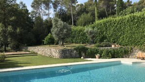 A rectangular swimming pool with clear blue water, surrounded by a stone wall and lush greenery.