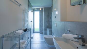 A modern bathroom with a shower, toilet, and sink.
