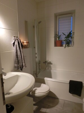 Bañera con ducha, secador de pelo, toallas, jabón