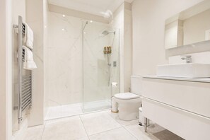 Shower, hair dryer, towels