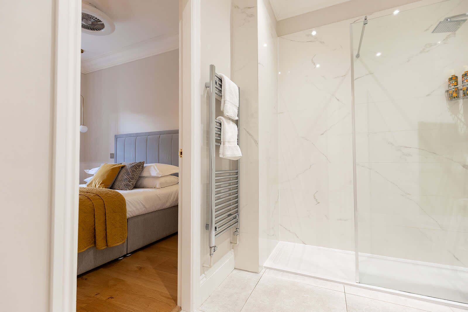 Shower, hair dryer, towels