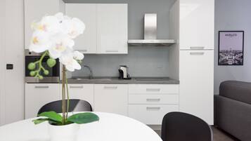 Appartamento Comfort, 1 camera da letto, terrazzo | Cucina privata | Frigorifero con congelatore, microonde, forno, piano cottura