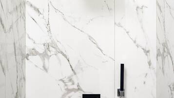 Un baño moderno con ducha, ducha de mano y toallero de pared.