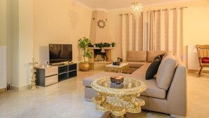 A living room with a sofa, TV, fireplace, and decorative items.