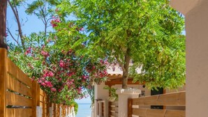 A narrow pathway flanked by wooden fences and a building with a white exterior. - Villa Elizabeth - Seafront Modern Villa - Villa Elizabeth - Seafront Classic Villa (Zakynthos)