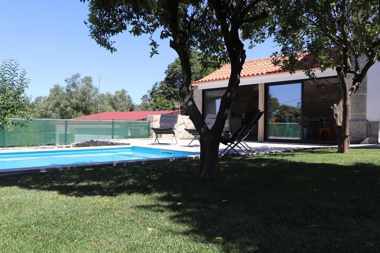 A swimming pool, a tree, and a building with large windows.