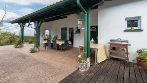 Eine überdachte Terrasse mit Sitzgelegenheit, einem Grill und Kübelpflanzen.