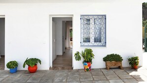 Um edifício branco com escadas de madeira, plantas em vasos e uma janela com padrão quadriculado azul.