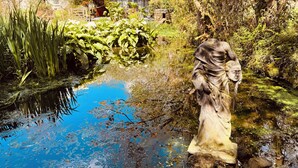 Une statue située dans un environnement naturel, avec un étang et de la végétation.