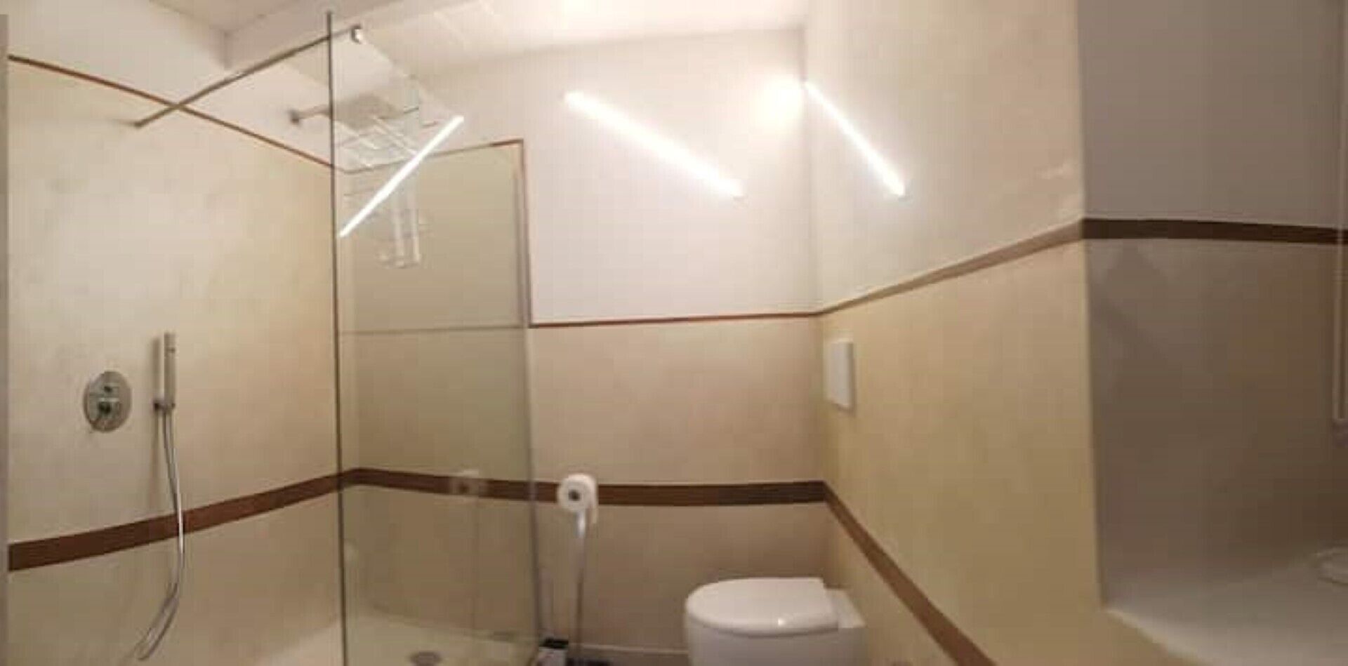 Un baño con cabina de ducha de vidrio, inodoro y toallero.
