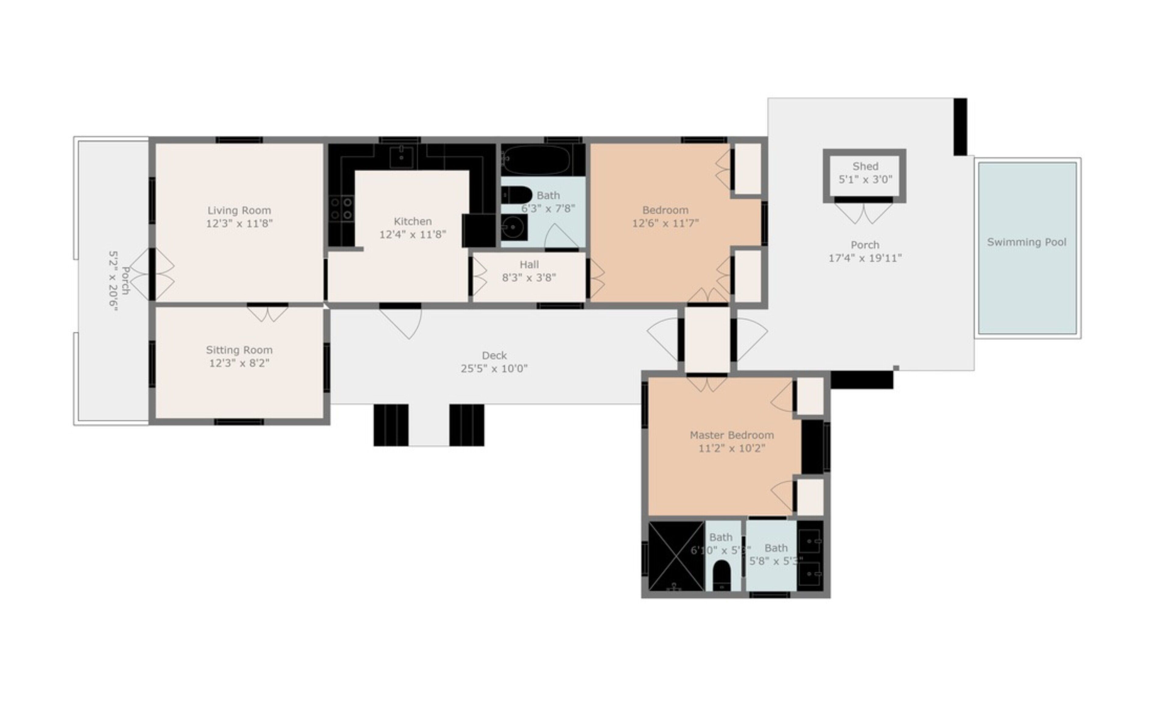 A floor plan with a living room, kitchen, dining room, two bedrooms, a bathroom, a deck, a porch, and a swimming pool.