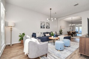 Smart TV, fireplace, books