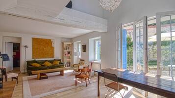 TV connectée, cheminée, livres