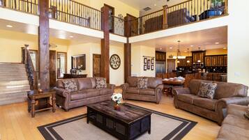 TV connectée, cheminée, lecteur de DVD, livres