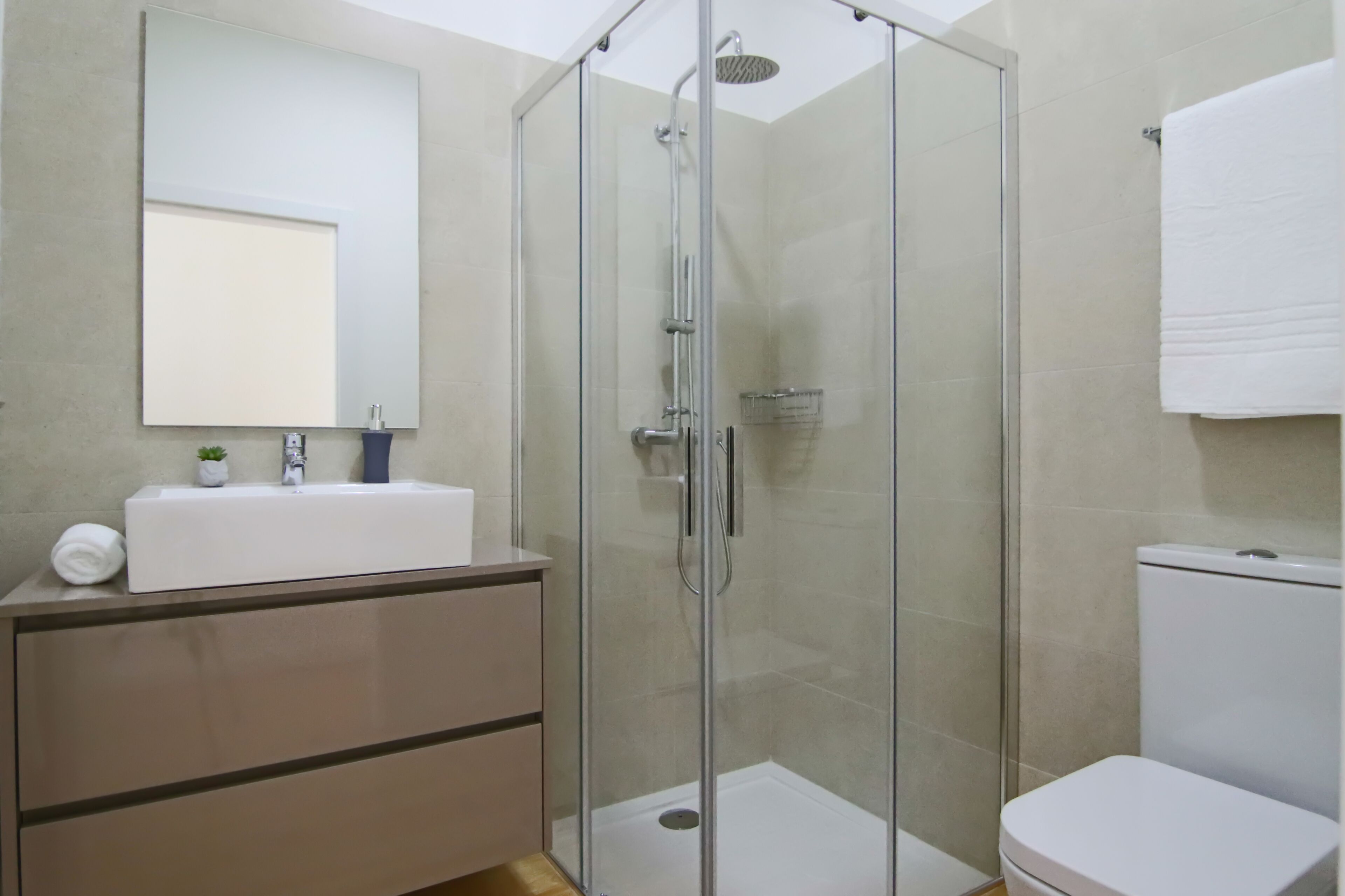 Une salle de bain moderne avec une douche à parois de verre, un lavabo blanc avec un miroir au-dessus et des toilettes.