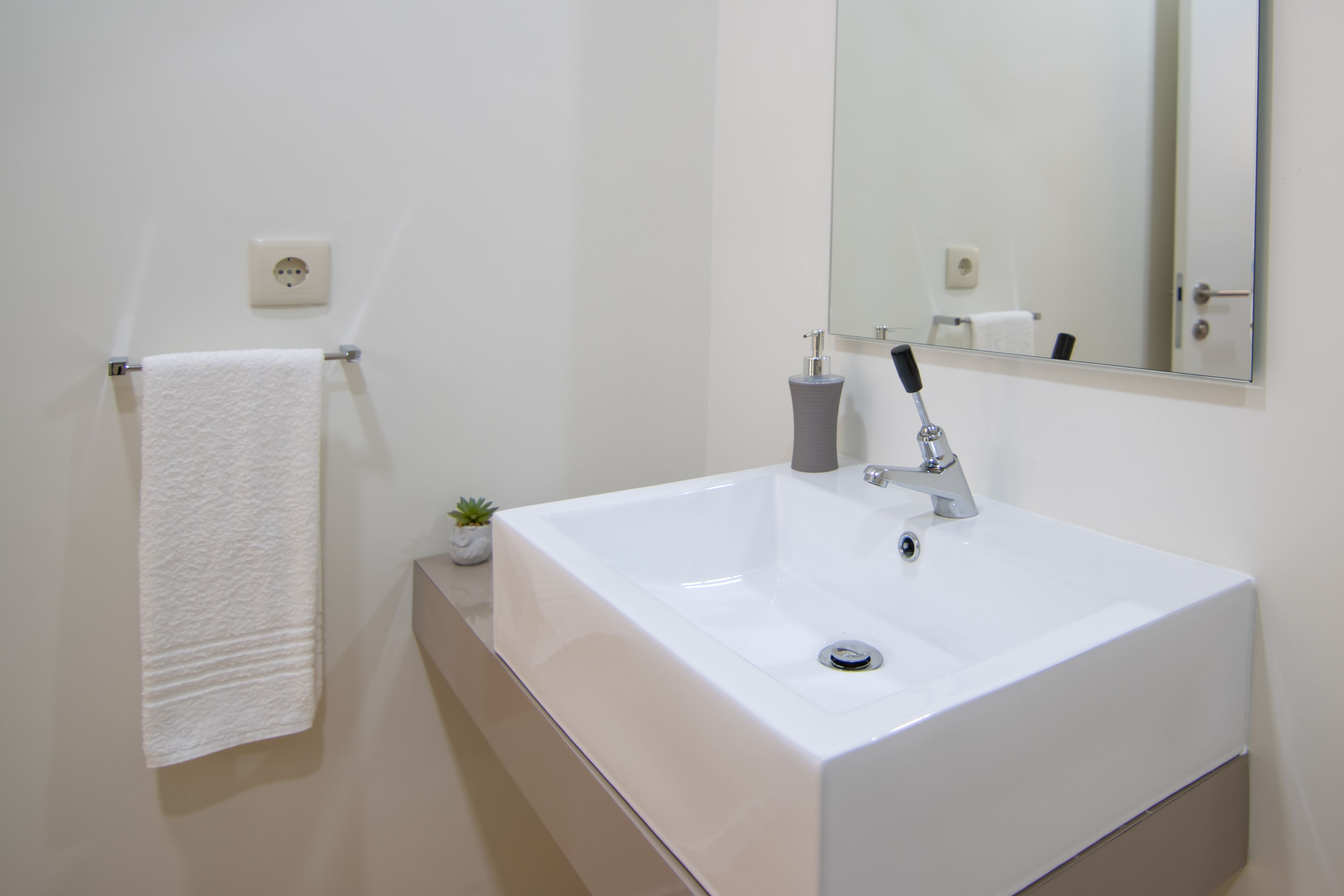 Un baño con un lavabo blanco, un espejo, una toalla y una pequeña planta en maceta.