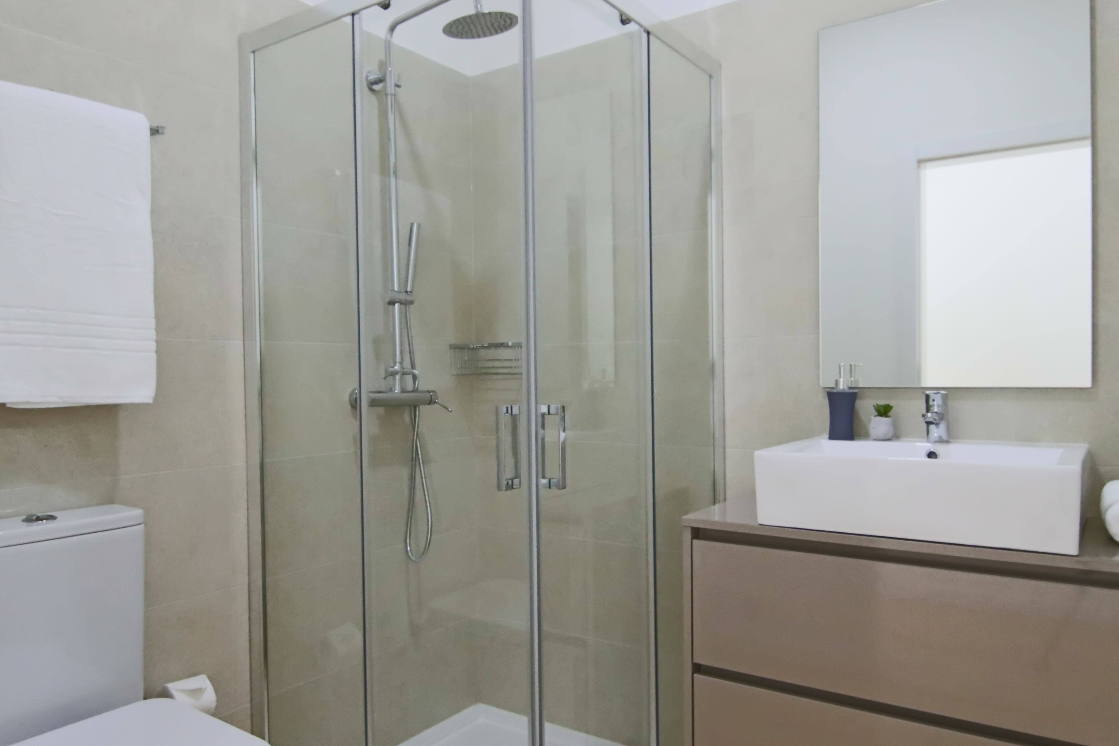 Un baño moderno con ducha envuelta en vidrio, un lavabo blanco y un espejo sobre él.