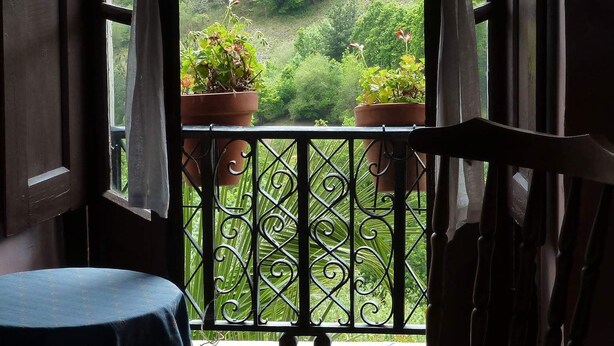 Une pièce donnant sur un paysage verdoyant, avec une porte ouverte. On aperçoit deux plantes en pot sur la rambarde d’un balcon.