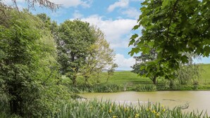 A natural landscape with a pond, lush greenery, and trees. - High Rigg Shepherd's Sunrise (Brampton)