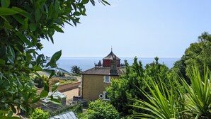 Un bâtiment situé sur la côte, avec un toit rouge, entouré d’une végétation luxuriante et offrant une vue sur la mer.
