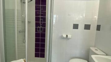 Un bagno con doccia vetrata, un water bianco e un lavandino.
