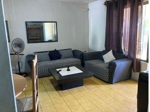 A living room with two sofas, a coffee table, a standing fan, and a window with curtains.