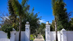 A white gate with a stone pathway leading through a garden with trees and a clear blue sky.