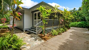 A house with a covered porch, stone pathway, and lush tropical vegetation.