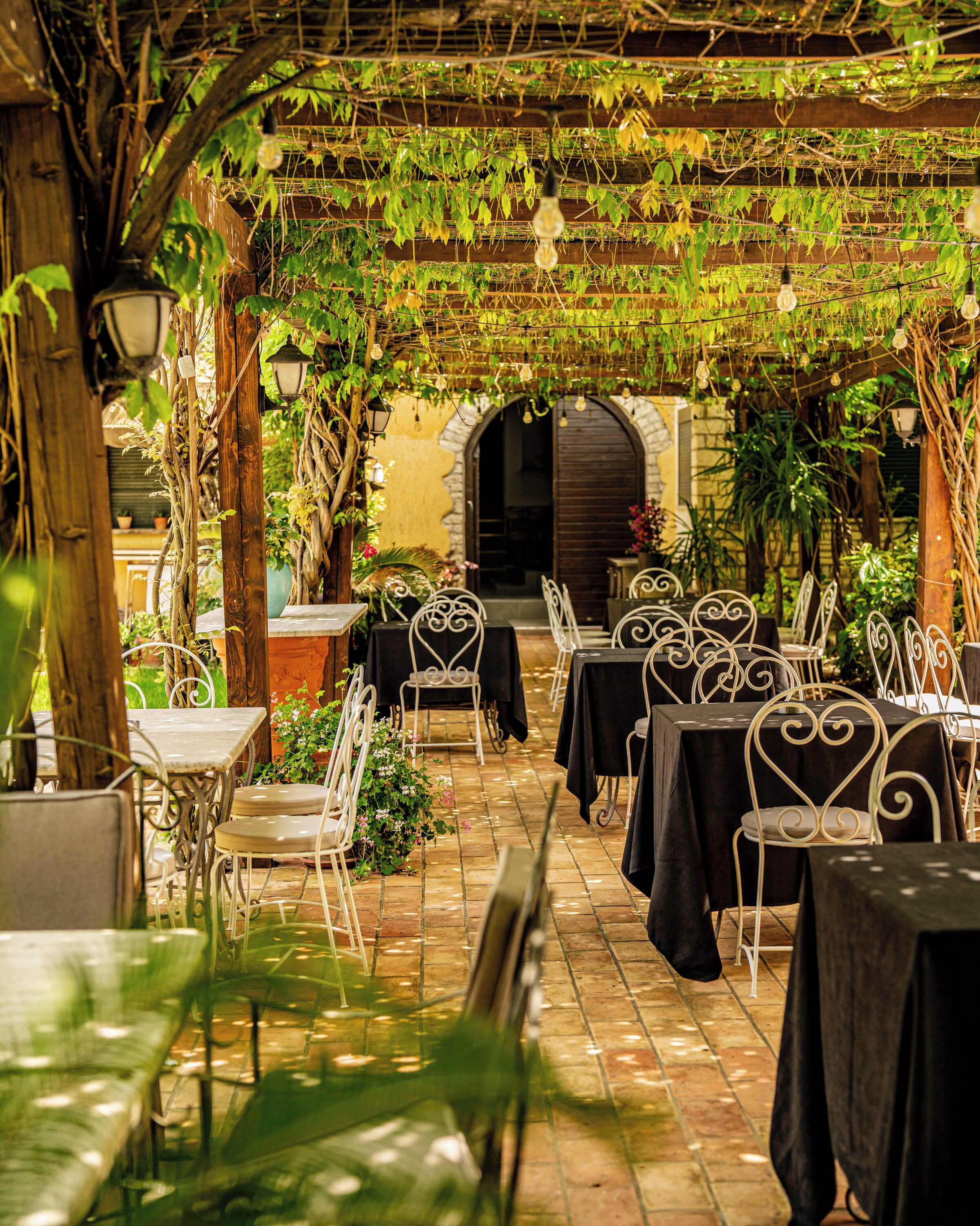An outdoor patio with tables and chairs, covered by a pergola with climbing plants.