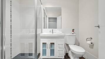 A modern bathroom with a glass shower enclosure, a white sink with a mirror above, and a toilet with a paper towel holder.