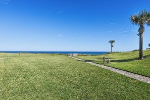 A grassy area with a pathway leading to a building, a palm tree, and a view of the ocean.