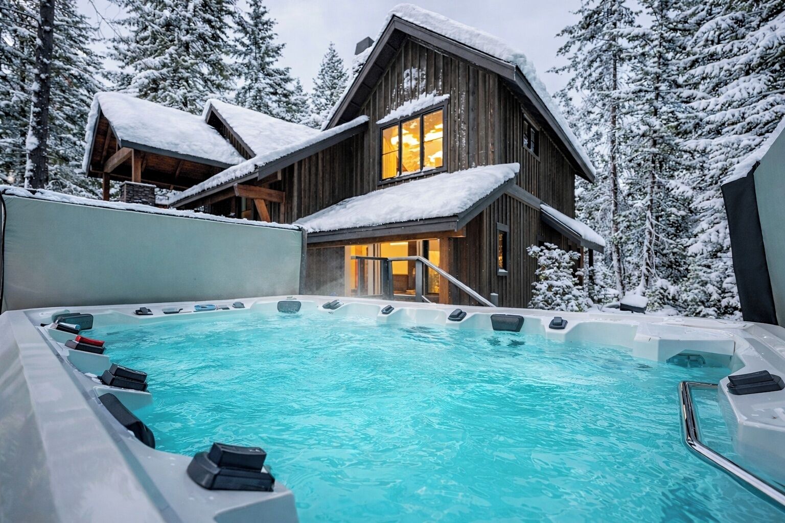 Een hottub met een houten hutje op de achtergrond, omgeven door met sneeuw bedekte bomen.