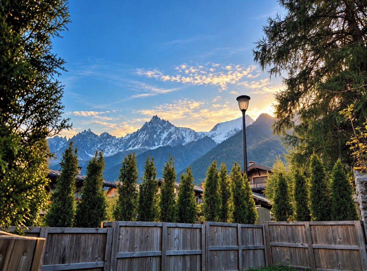 A mountain landscape with snow-capped peaks, a wooden fence, and coniferous trees.