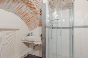 Shower, hair dryer, bidet, towels