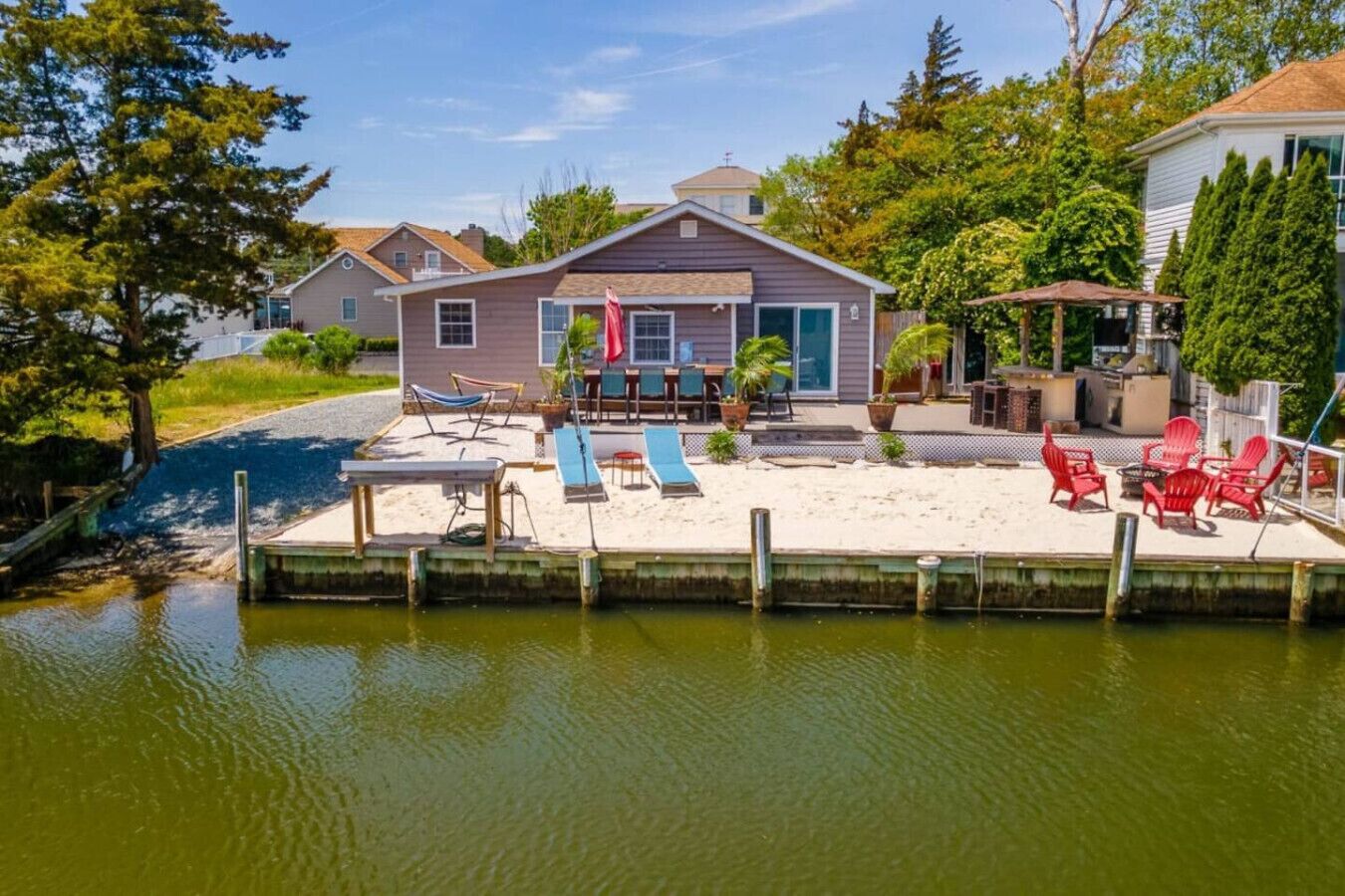 A house with a dock extending into a calm body of water, surrounded by greenery and other houses.