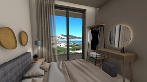 Una camera da letto moderna con un letto grande, un comodino con una lampada, uno specchio e vista mare.