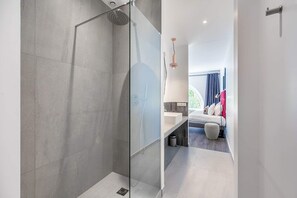 Shower, hair dryer, bidet, towels