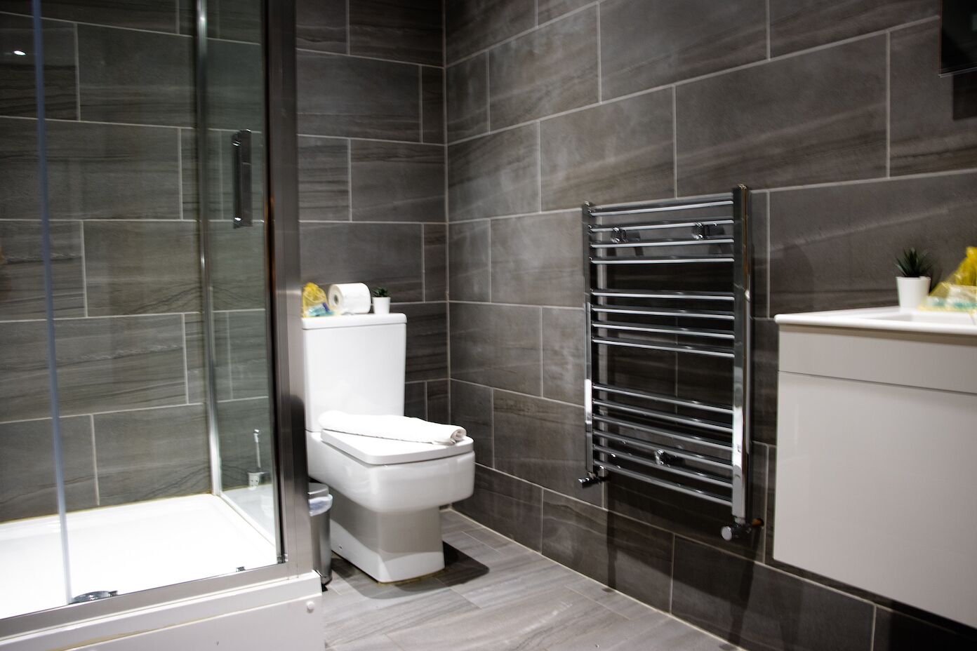 A modern bathroom with a glass shower enclosure, a white toilet, and a chrome towel rack.