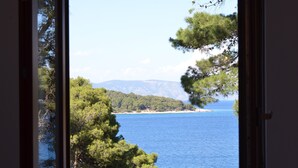 A view through a window of a coastal landscape with trees and a body of water.