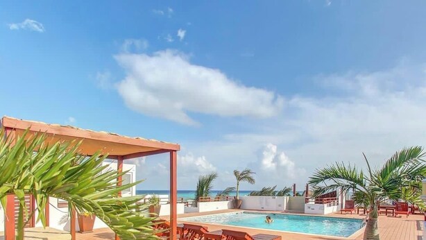 Zona de piscina con un pérgola, palmeras y vista al océano.