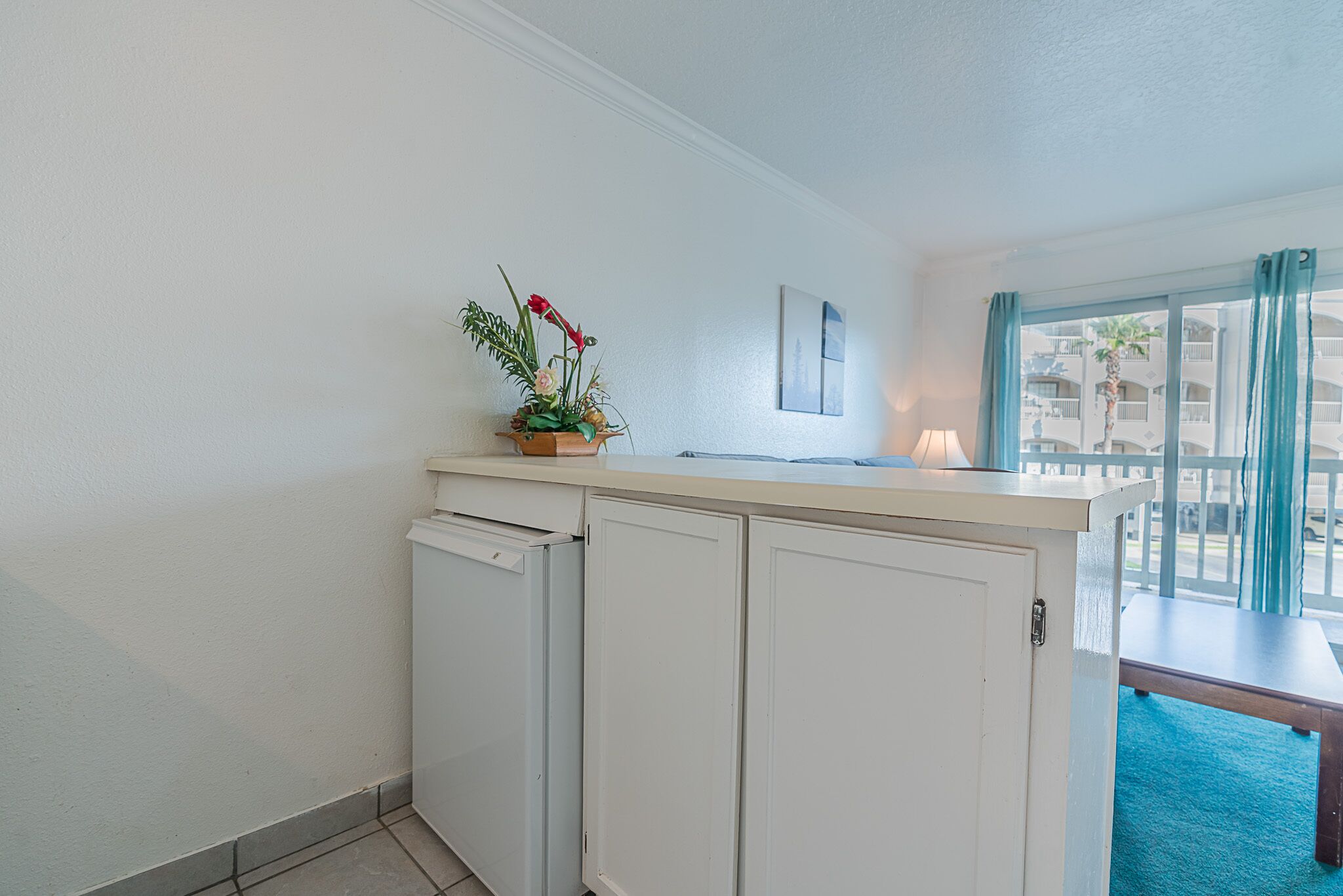 A kitchenette with white cabinets, a small countertop, a potted plant, and a view of a balcony with a blue carpet.